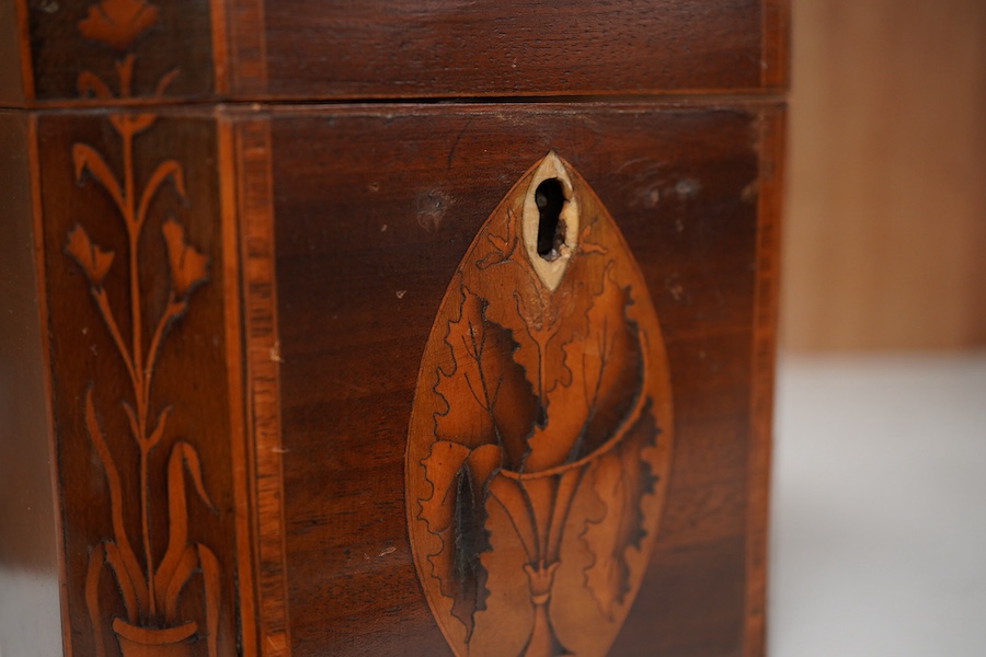 A George III Sheraton period mahogany and marquetry tea caddy, 12cm high